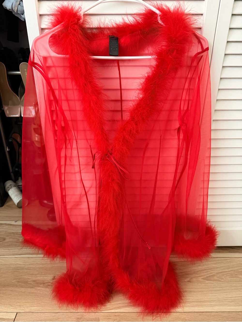 Sheer Red Marabou-Trim Robe - Women Intimates & Sleepwear